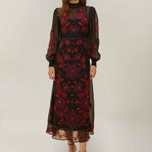 Black Organza Long Sleeve Midi Dress